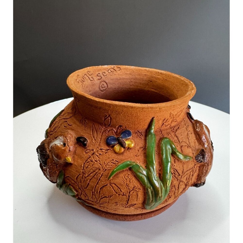 June Sears Signed Folk Art Pottery Planter Bird & Flower Design 4 1/4" Terracott